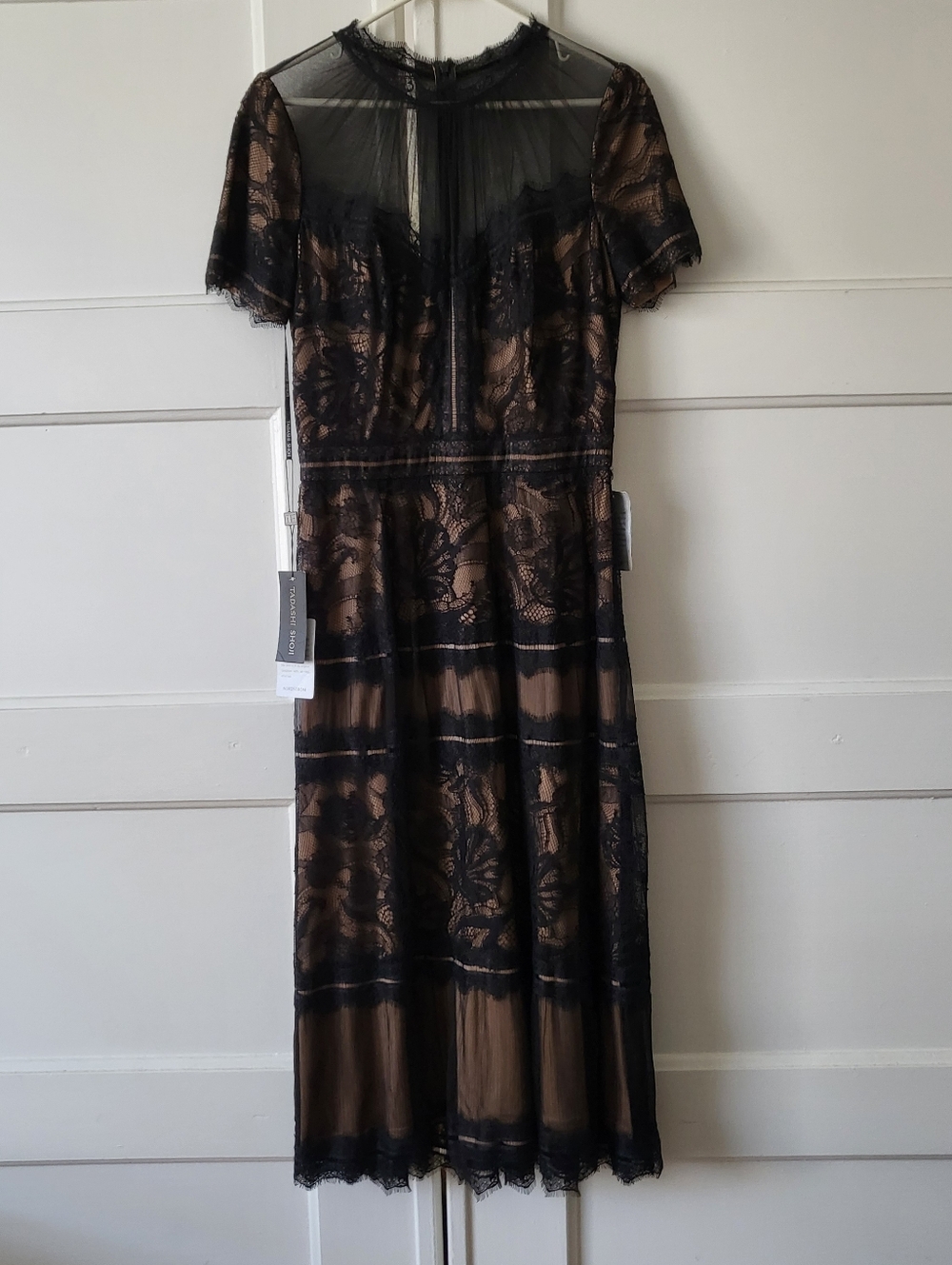 NWT Tadashi Shoji Camille Tea Length Lace Dress Black Nude Size 8